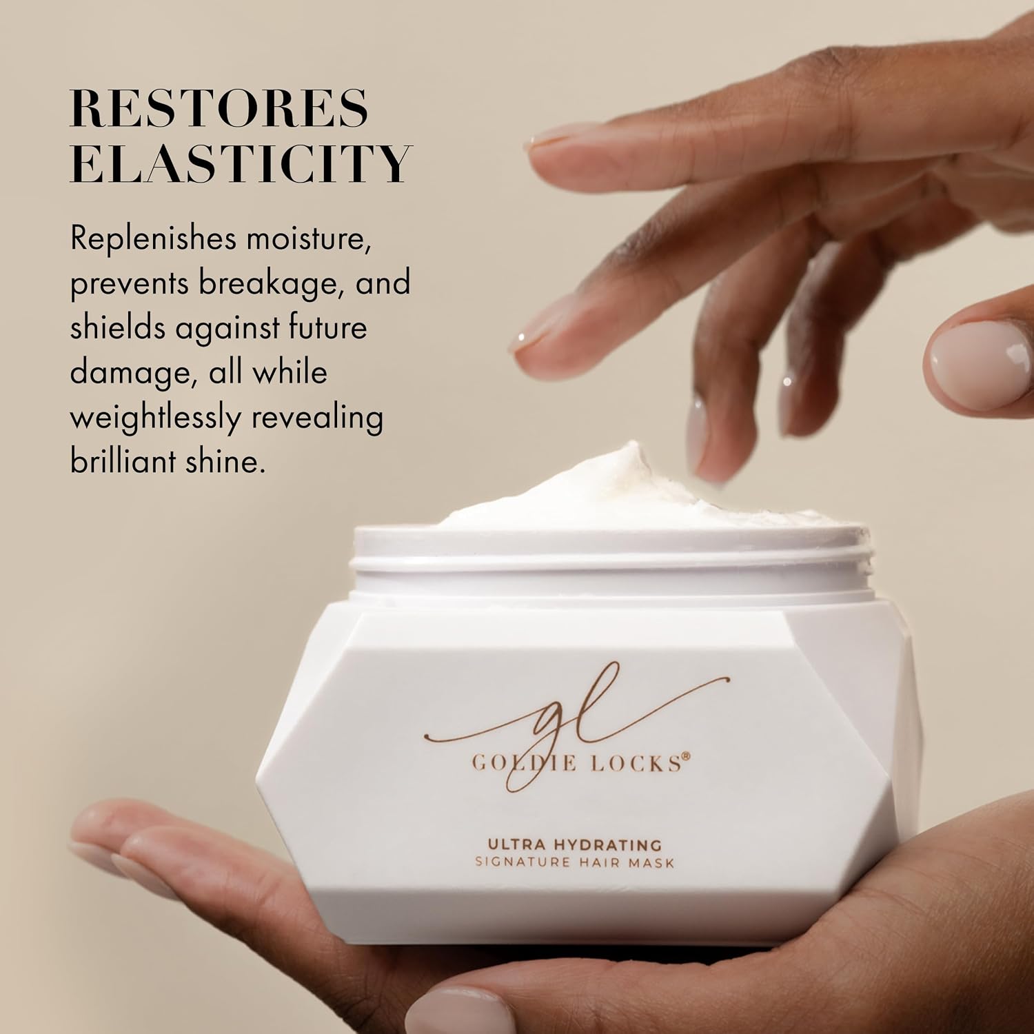 Open Goldie Locks Ultra Hydrating Signature Hair Mask jar with cream and elasticity benefits