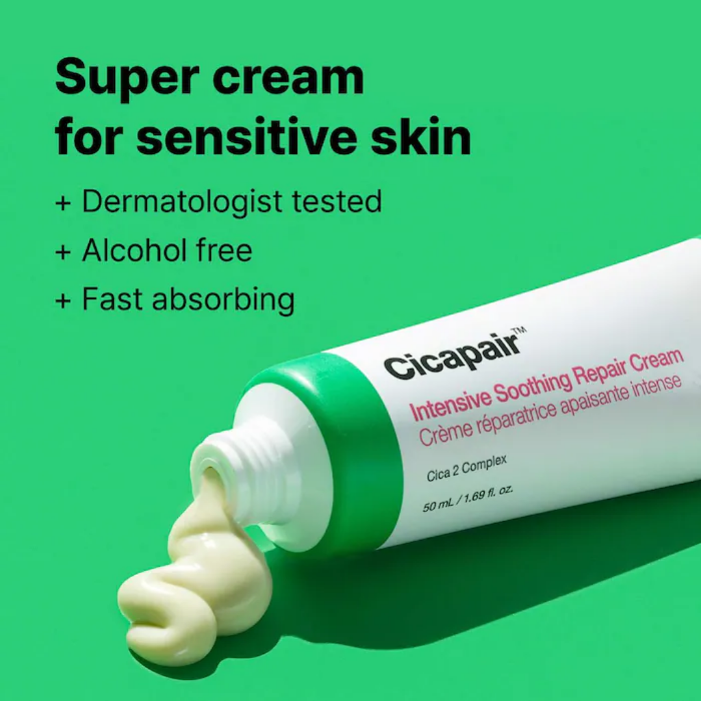 Open Dr. Jart+ Cicapair Repair Cream tube with cream texture and sensitive-skin benefit graphic.