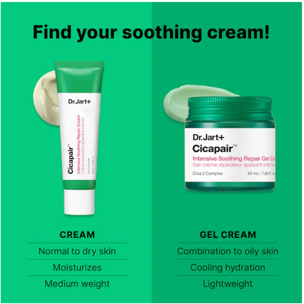Dr. Jart+ Cicapair soothing cream and gel cream comparison for normal-to-dry and combination-to-oily skin.