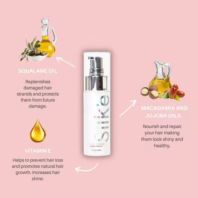 Sleek’e Silk’e hair serum ingredient graphic featuring squalane, macadamia oil, jojoba oil and vitamin E