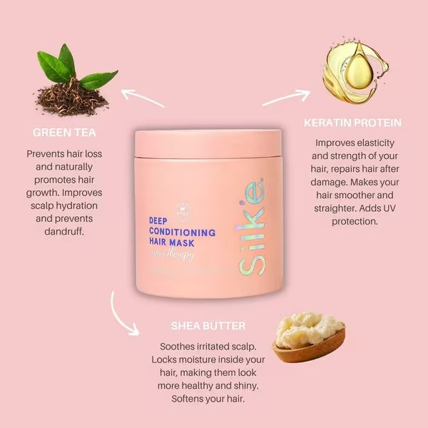 Open Sleek’e Silk’e hair mask jar showing creamy texture beside its lid on white fabric