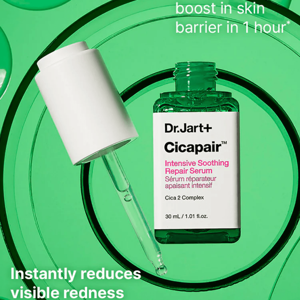 Dr. Jart+ Cicapair Serum bottle and dropper with a graphic about visible redness and skin-barrier support.
