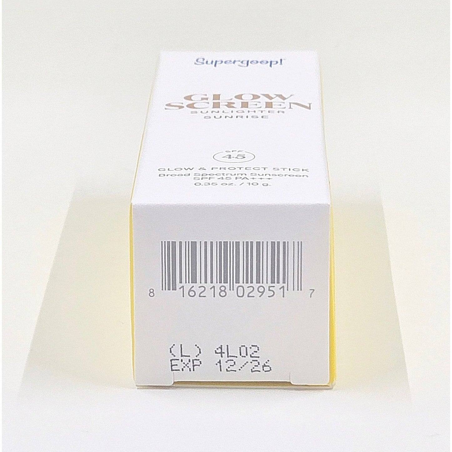 Supergoop! Glowscreen Sunlighter SPF 45 Sunrise UPC 816218029517, lot 4L02, and December 2026 expiration