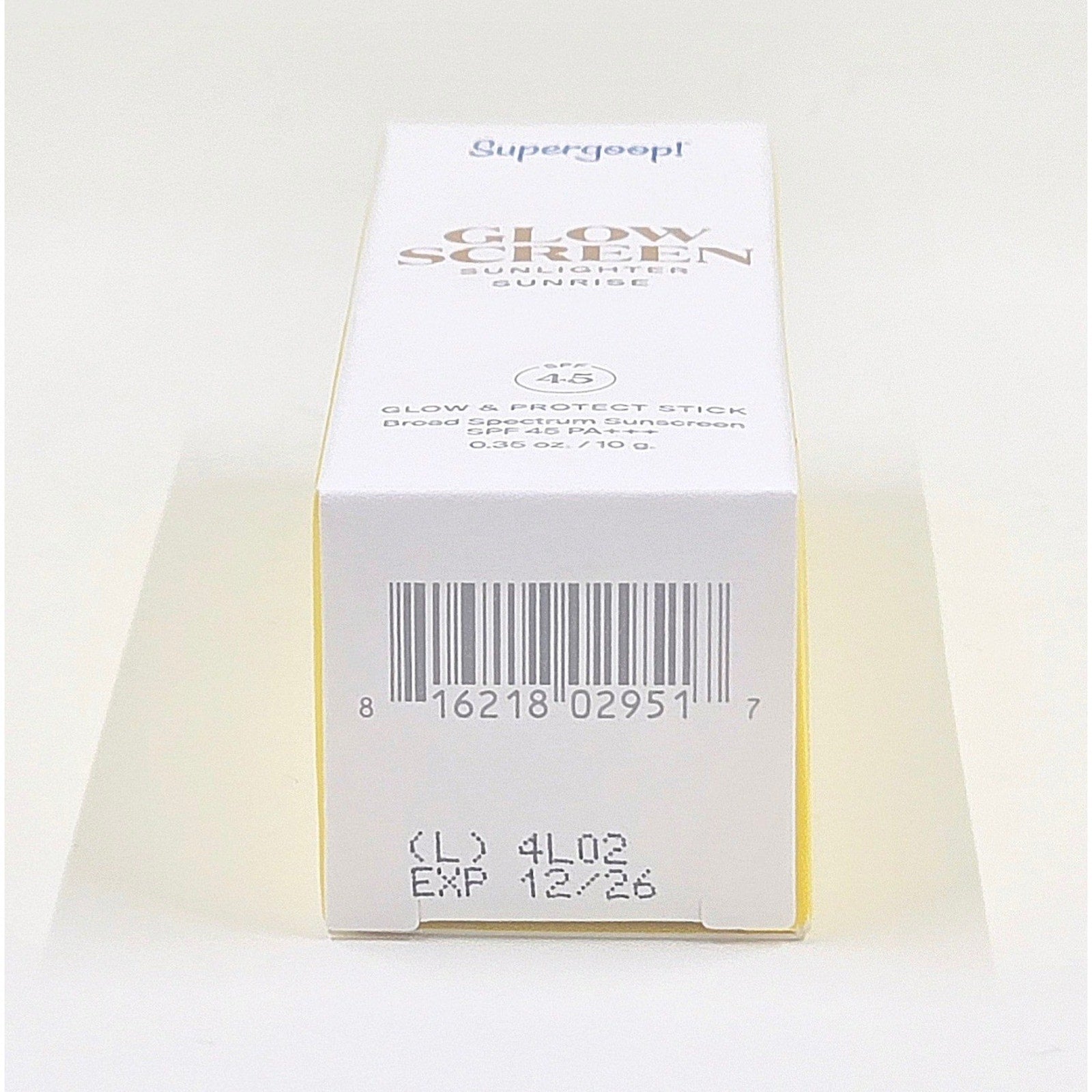 Supergoop! Glowscreen Sunlighter SPF 45 Sunrise UPC 816218029517, lot 4L02, and December 2026 expiration