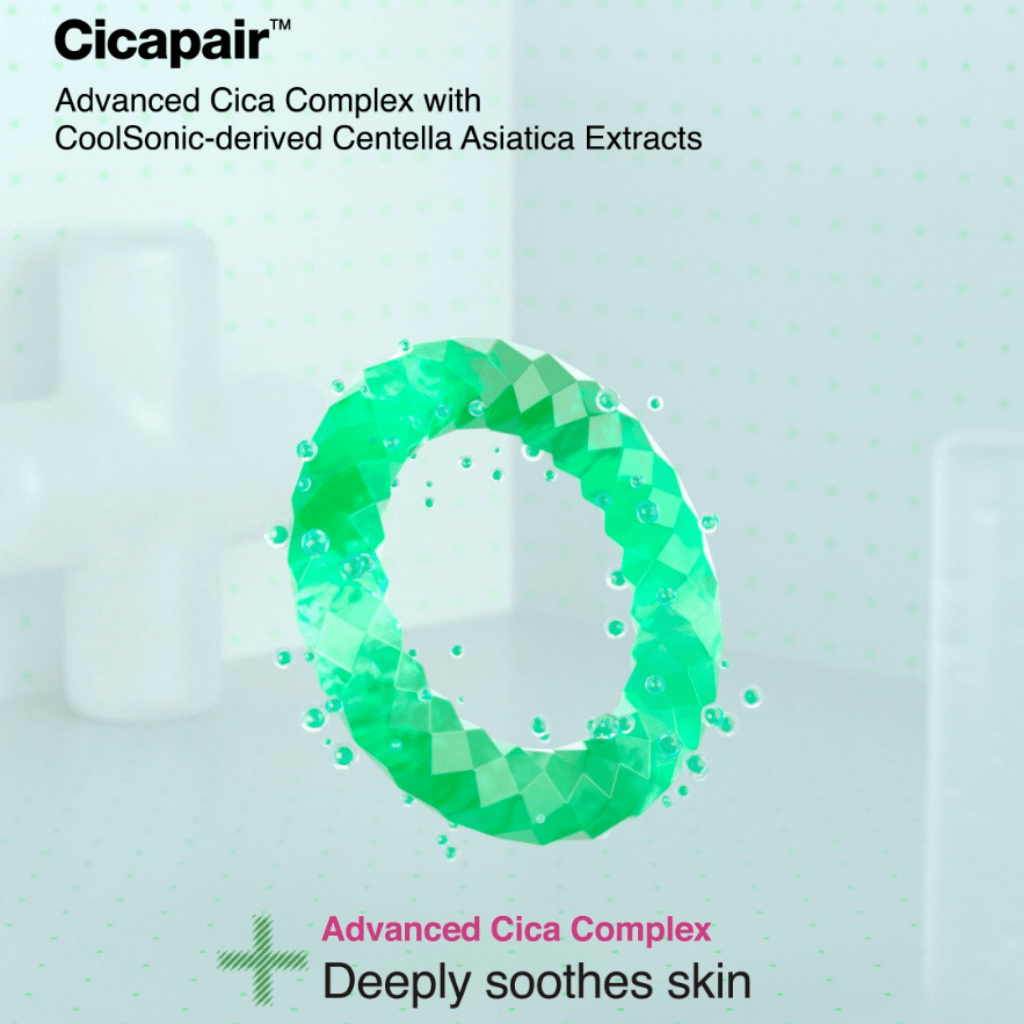 Dr. Jart+ Cicapair Serum graphic highlighting Advanced Cica Complex with centella asiatica extracts.