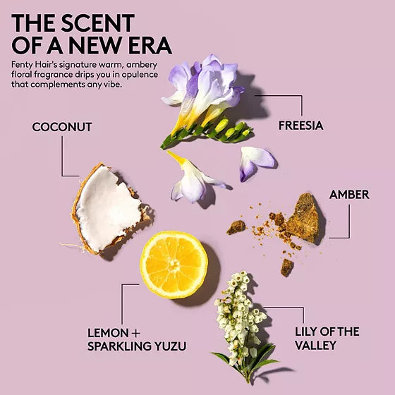 Fenty Hair fragrance graphic with coconut, freesia, amber, lemon, sparkling yuzu and lily of the valley scent notes.