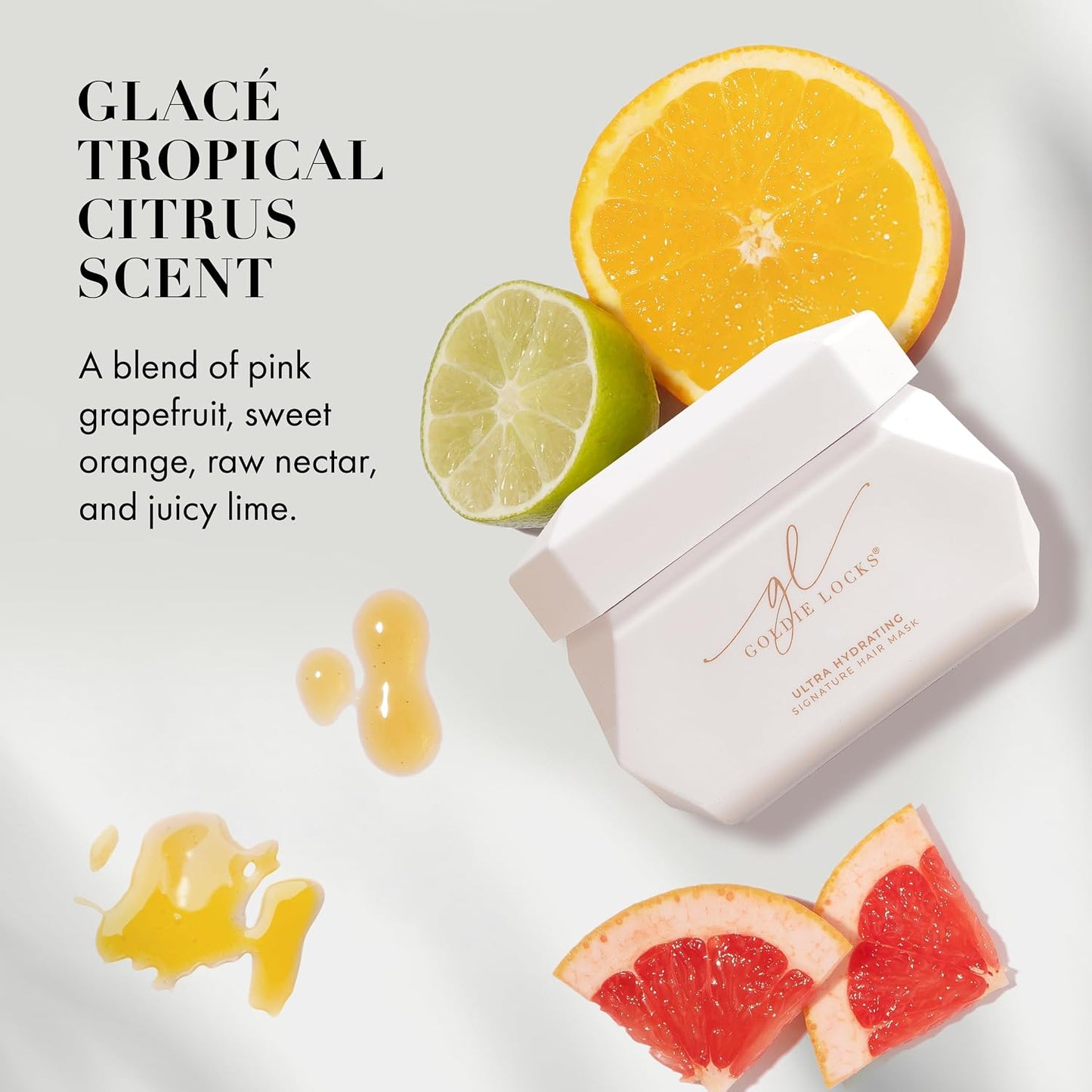 Goldie Locks Signature Hair Mask Glacé Tropical Citrus scent graphic with grapefruit, orange, nectar, and lime