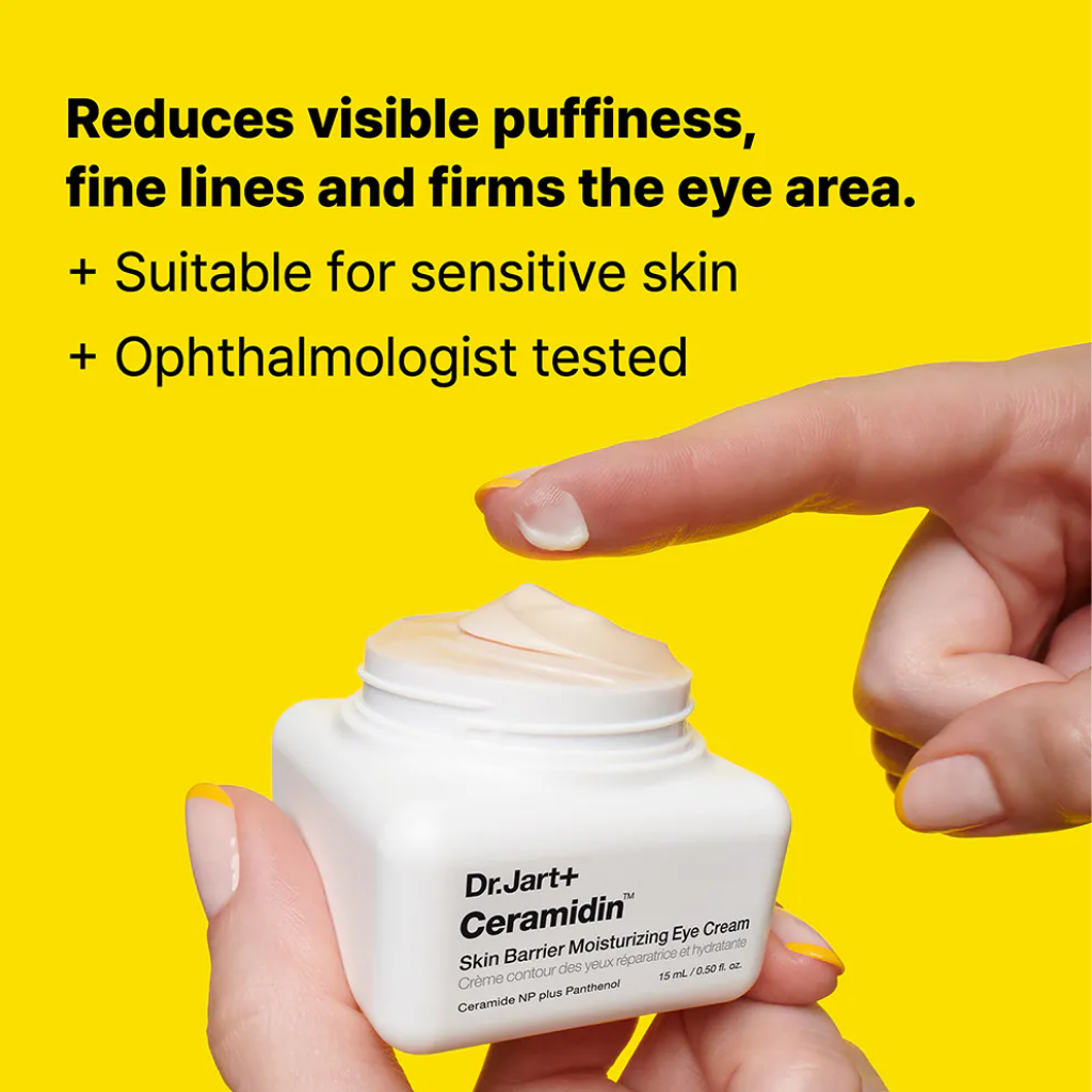 Dr. Jart+ Ceramidin Eye Cream benefits graphic for puffiness, fine lines and firmness around the eye area.