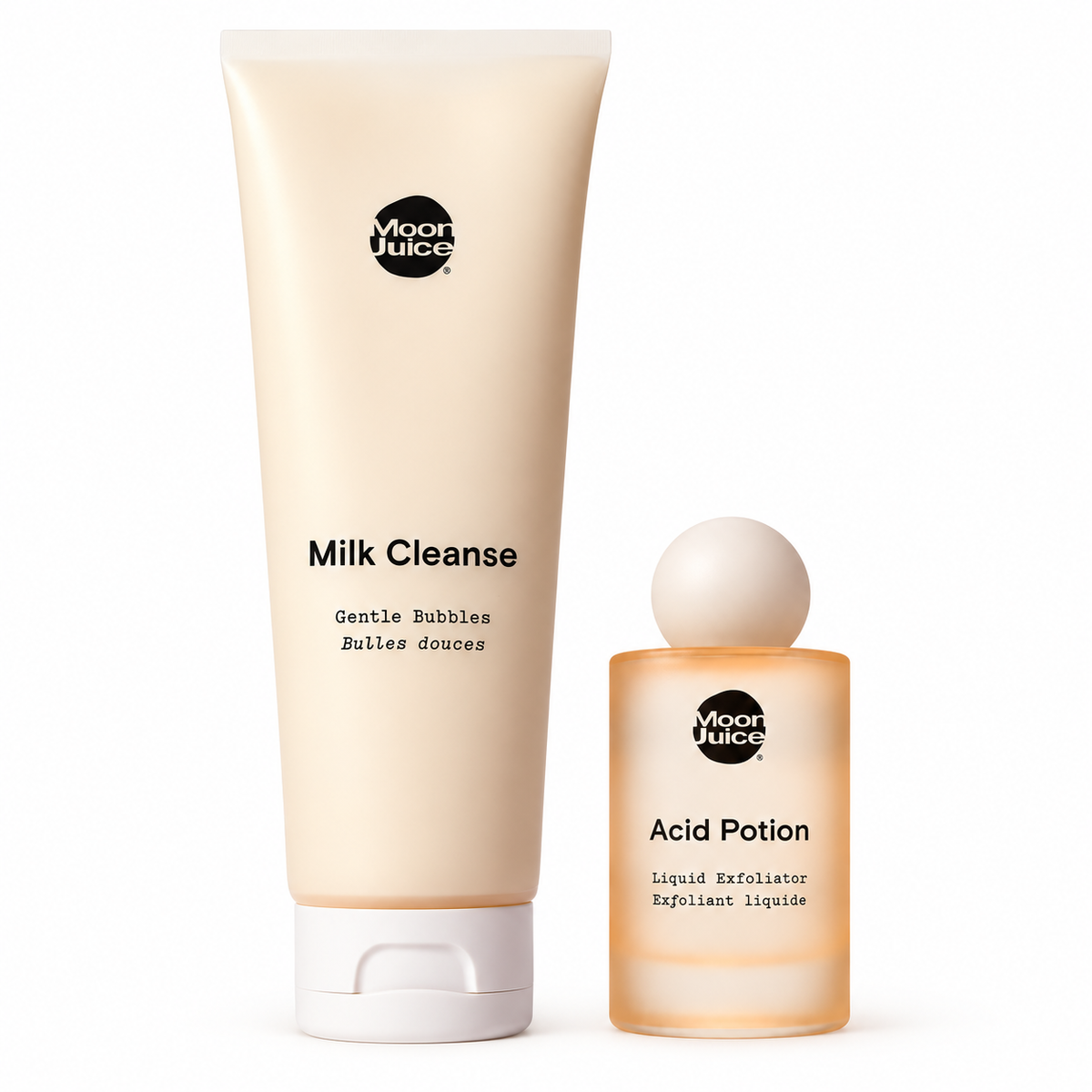 Moon Juice curated duo with a full-size Milk Cleanse tube and smaller Acid Potion travel-size bottle on white
