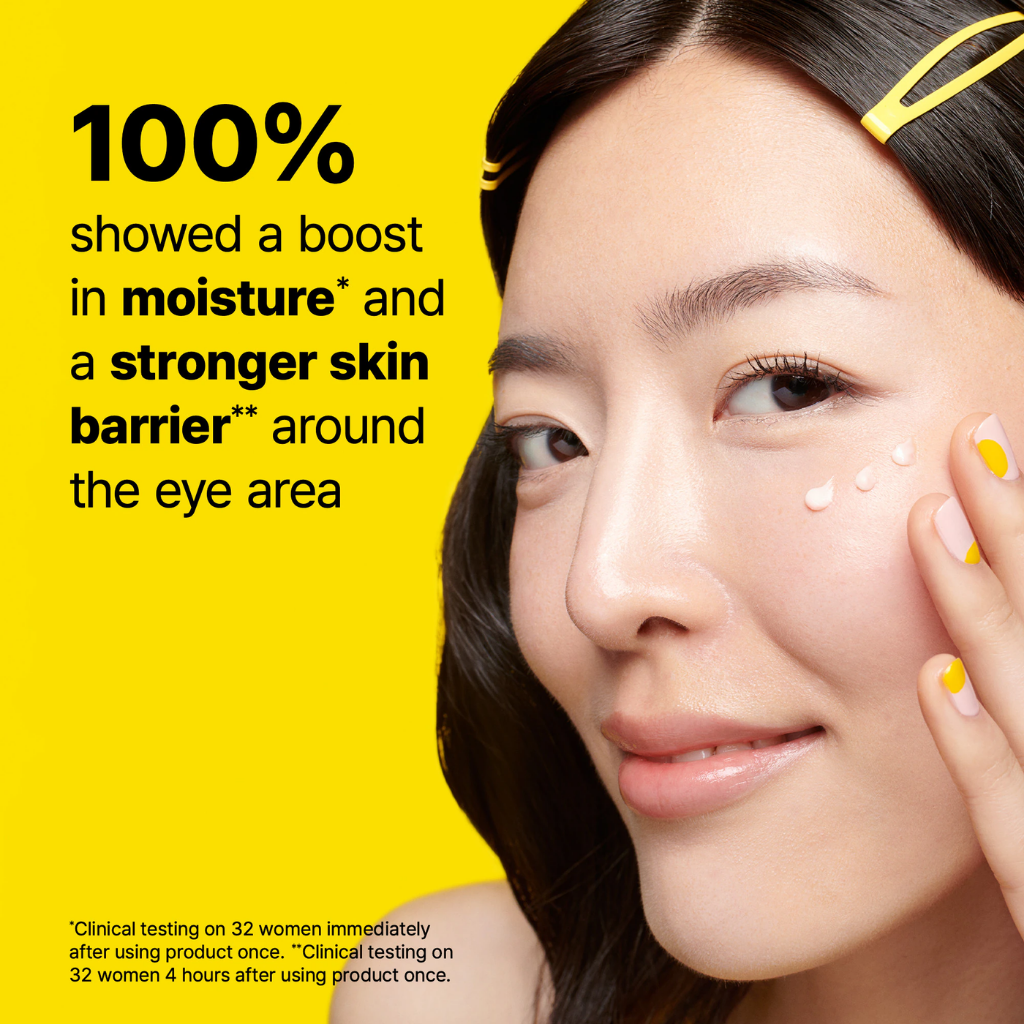 Model applying Dr. Jart+ Ceramidin Eye Cream beside a clinical graphic for moisture and eye-area barrier strength.