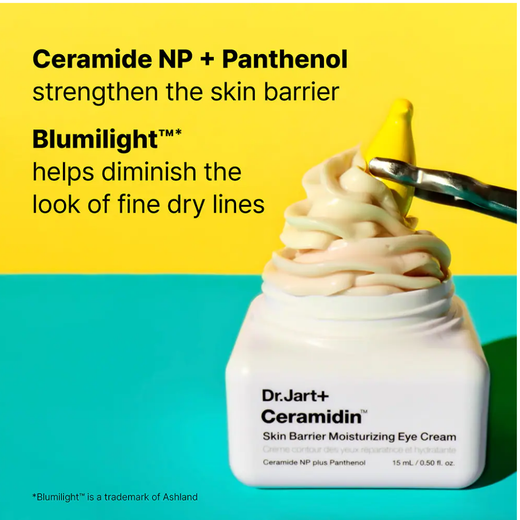Dr. Jart+ Ceramidin Eye Cream ingredient graphic highlighting ceramide NP, panthenol and Blumilight.