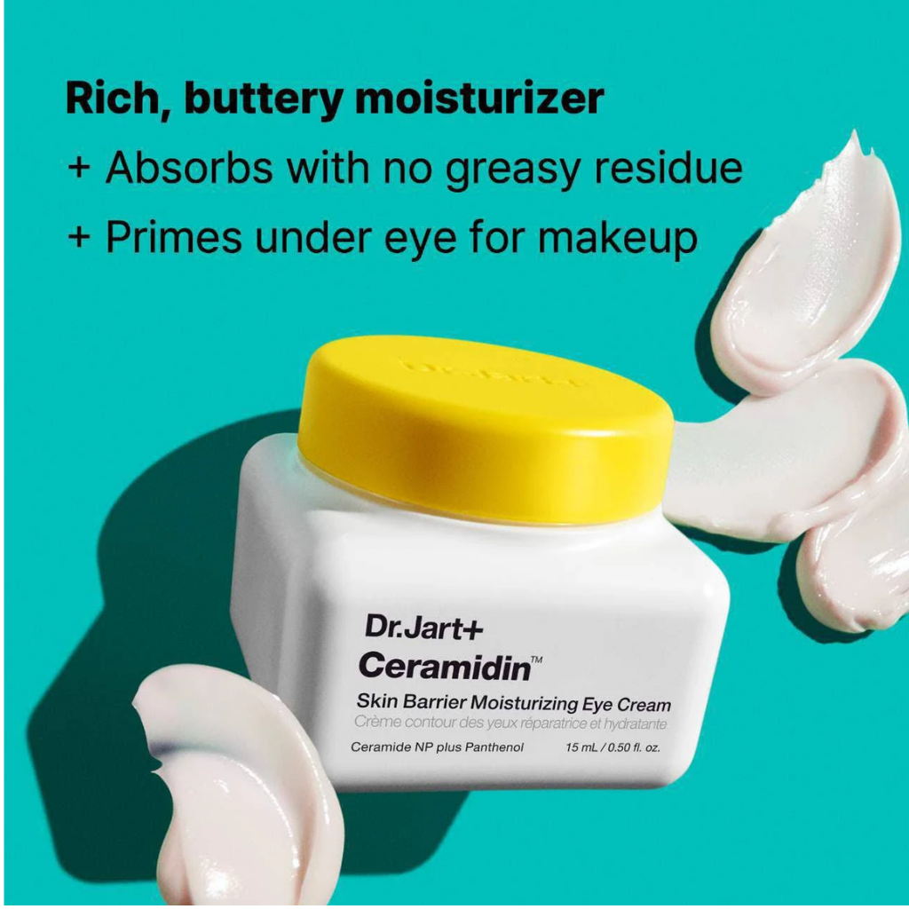 Dr. Jart+ Ceramidin Eye Cream jar with rich cream texture and no-greasy-residue makeup-prep benefits.