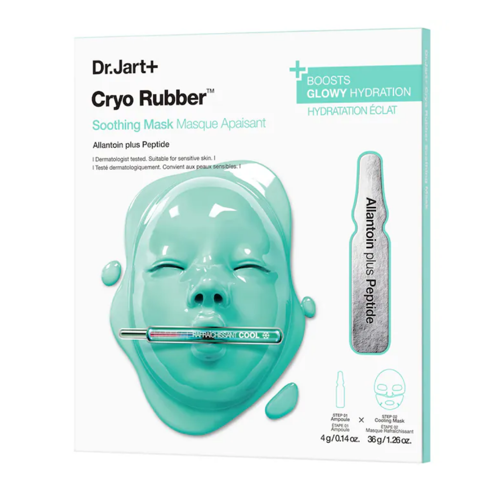 Front of the Dr. Jart+ Cryo Rubber Soothing Mask package showing the two-piece mask and allantoin ampoule.