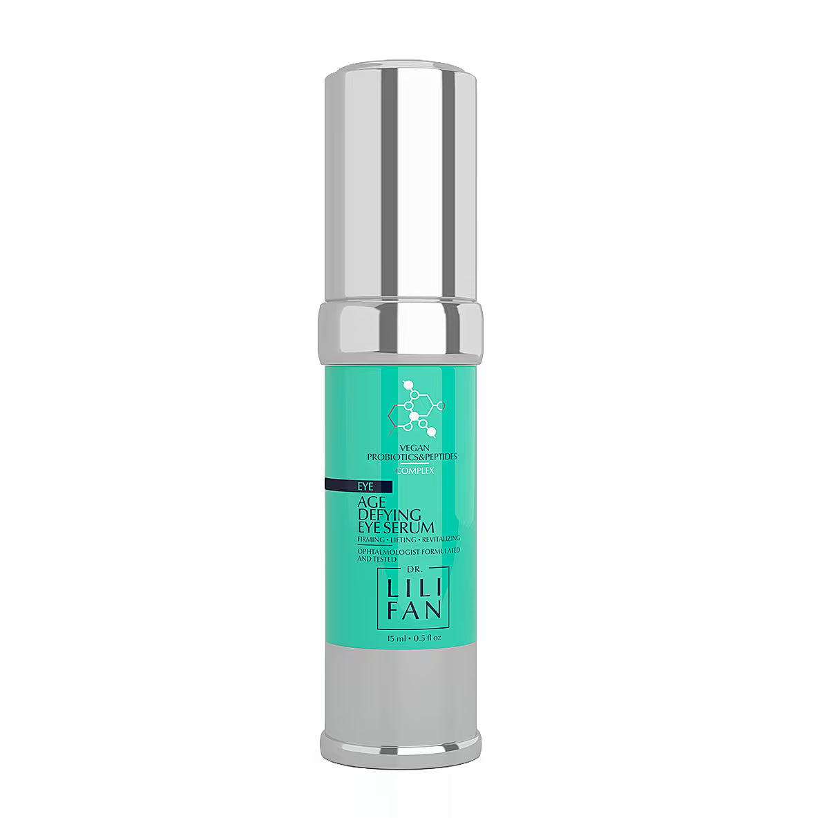 Lili Fan Age-Defying Eye Serum in a sleek cylindrical bottle with a metallic silver cap and base, and a vibrant teal label in the center.