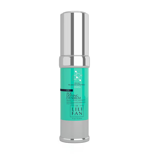 Lili Fan Age-Defying Eye Serum in a sleek cylindrical bottle with a metallic silver cap and base, and a vibrant teal label in the center.