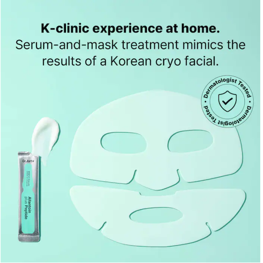 Dr. Jart+ Cryo Rubber Soothing Mask graphic showing the serum ampoule and two-piece cooling rubber mask.