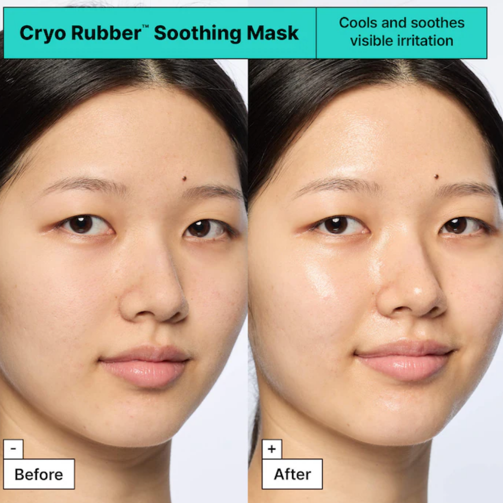 Before-and-after facial views illustrating the soothing finish of the Dr. Jart+ Cryo Rubber Soothing Mask.
