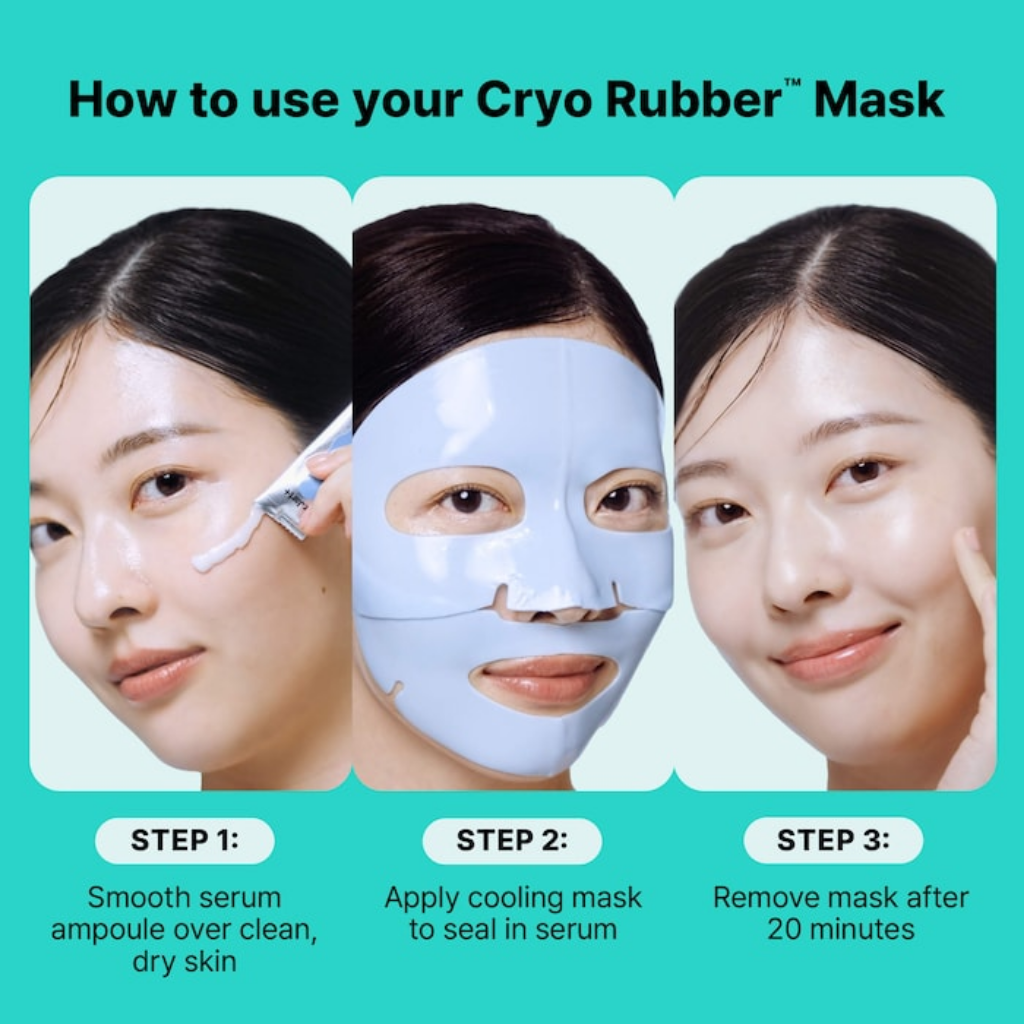 Three-step Dr. Jart+ Cryo Rubber Mask directions: apply the ampoule, wear the mask and remove it after 20 minutes.