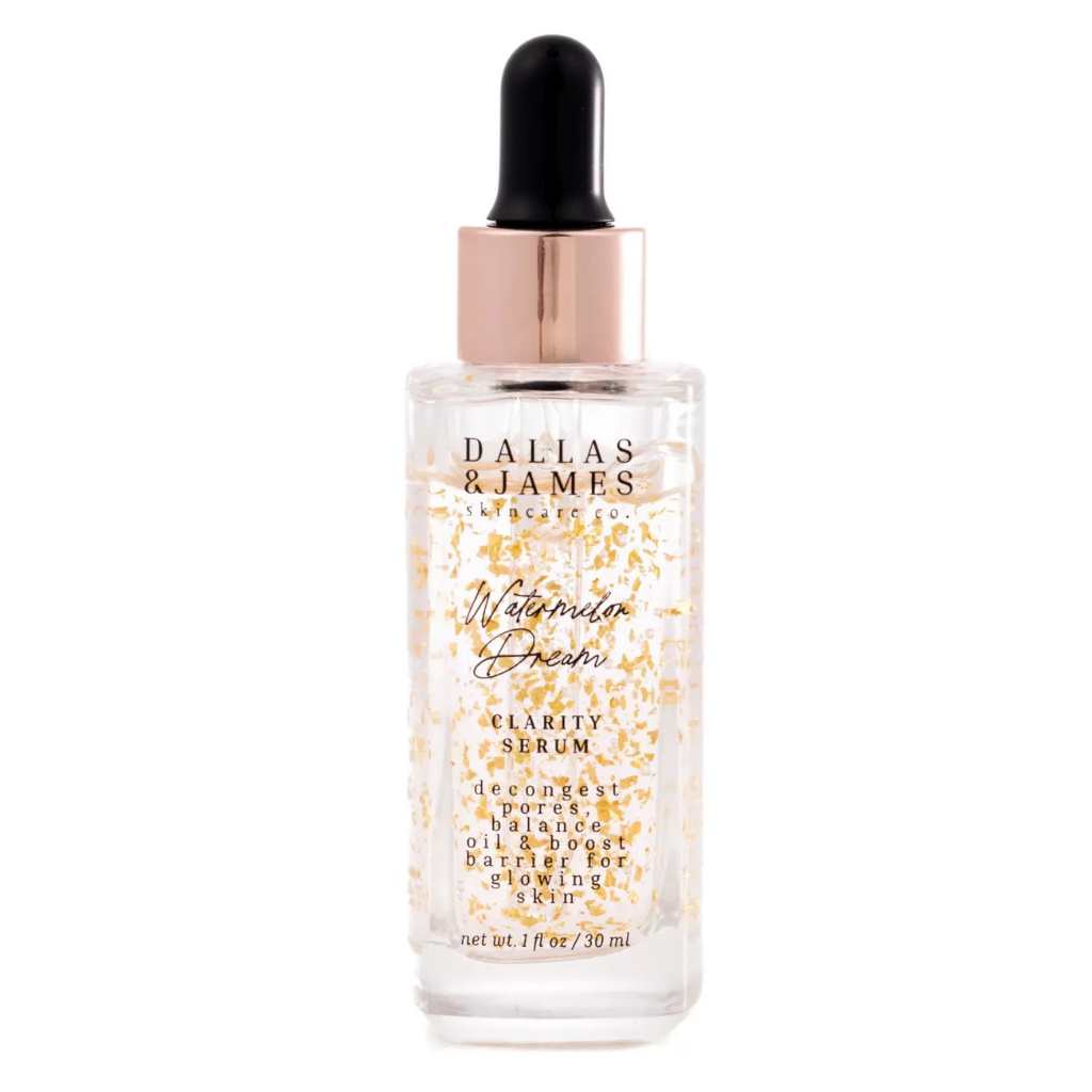Dallas & James Watermelon Dream Clarity Serum in a clear dropper bottle with gold flakes