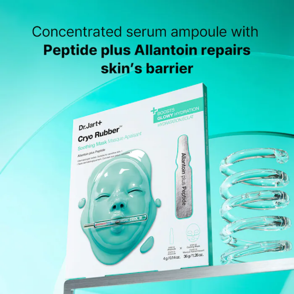 Dr. Jart+ Cryo Rubber Soothing Mask package with a graphic highlighting peptide, allantoin and glowing hydration.