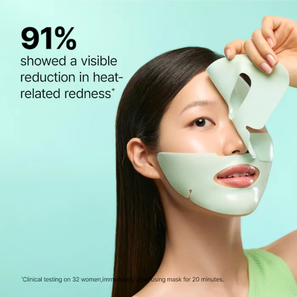 Model applying the Dr. Jart+ Cryo Rubber Mask beside a graphic stating 91% showed reduced heat-related redness.