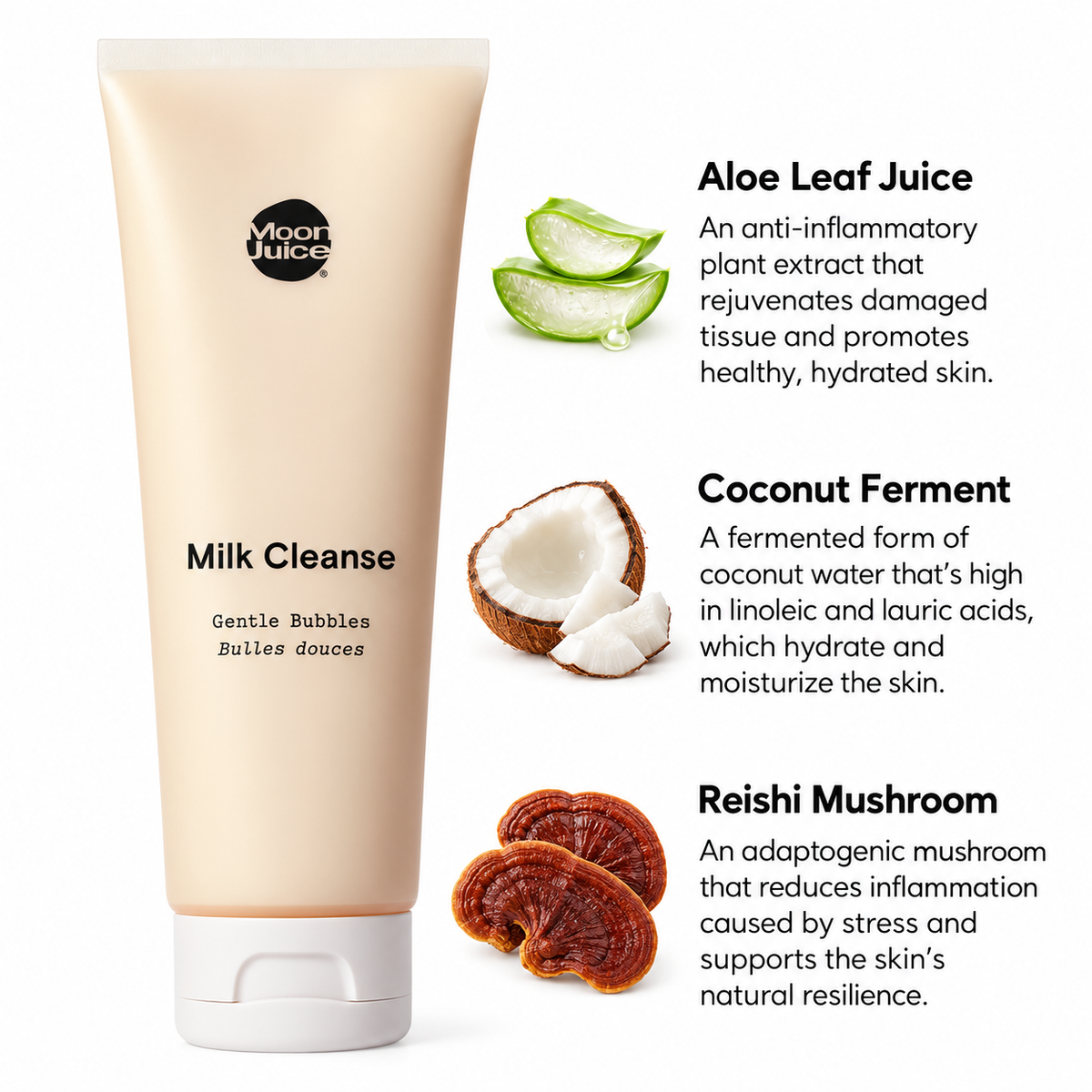 Moon Juice Milk Cleanse ingredient graphic featuring aloe leaf juice, coconut ferment and Reishi mushroom beside the cleanser tube