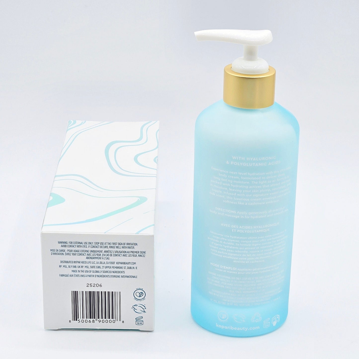Kopari Hydrating Silk Body Cream with box barcode 850068900008 and code 25206