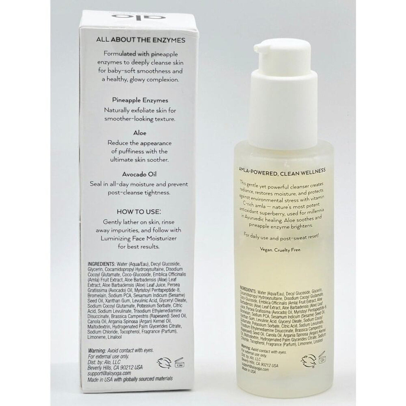Alo Glow System Enzyme Facial Cleanser ingredient and benefit panels beside the pump bottle