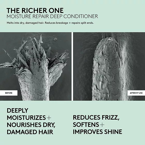 The Richer One magnified hair-fiber comparison before and after first use, highlighting moisture, softness, shine and reduced frizz.