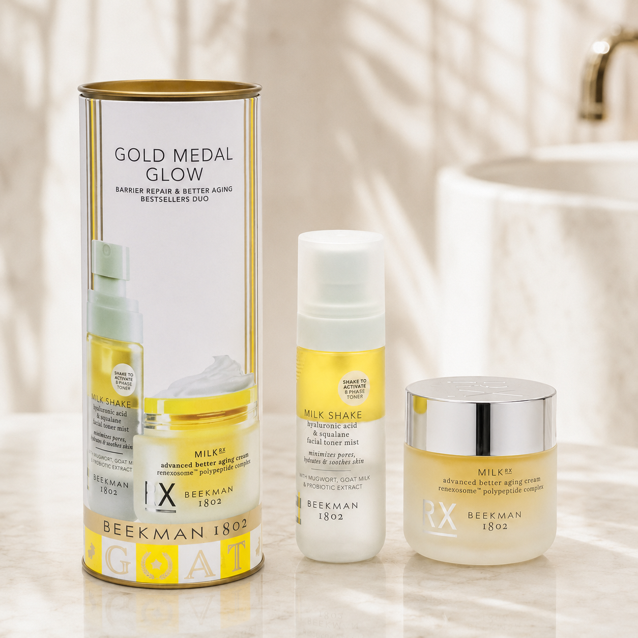 Beekman 1802 Gold Medal Glow Milk Shake Toner + Milk RX Better Aging Cream Duo