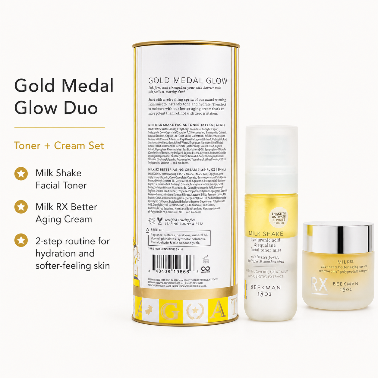 Beekman 1802 Gold Medal Glow Milk Shake Toner + Milk RX Better Aging Cream Duo