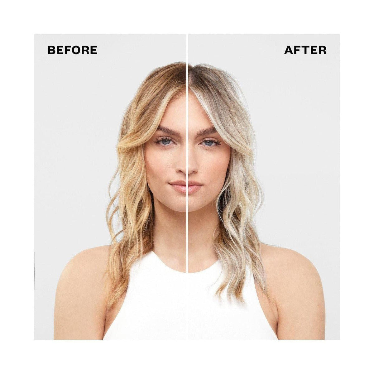 IGK Blonde Pop before-and-after comparison showing warmer golden blonde waves on the left and cooler blonde waves on the right.