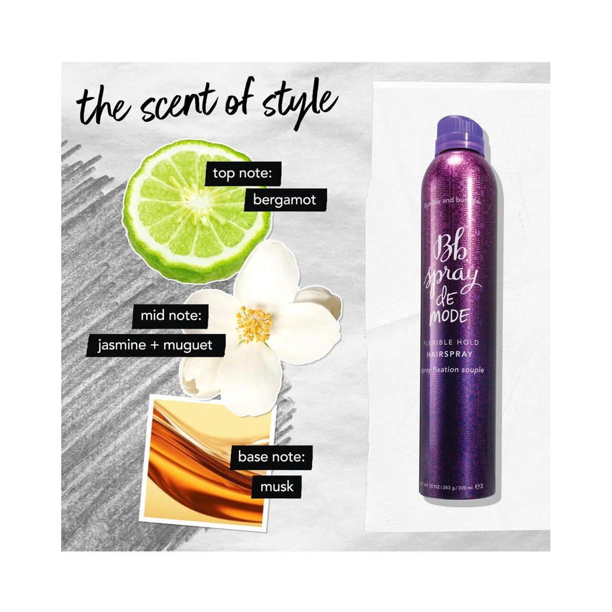Bumble and bumble Spray de Mode scent graphic showing bergamot top notes, jasmine and muguet middle notes, and a musk base.