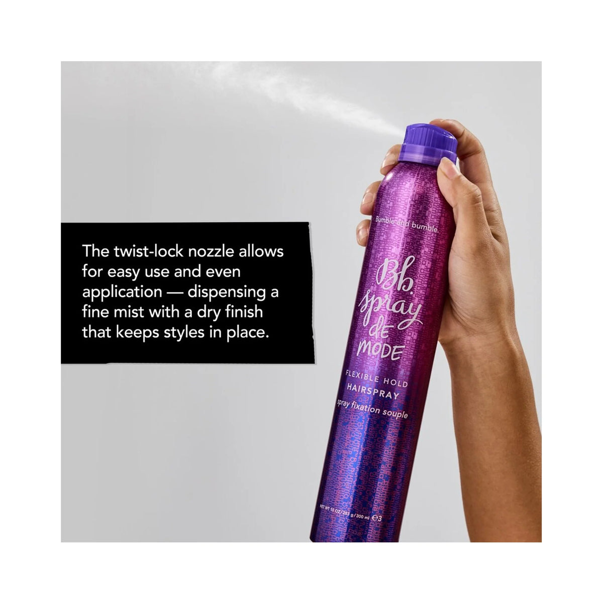 Hand spraying Bumble and bumble Spray de Mode, with a graphic describing its twist-lock nozzle, fine mist and dry finish.