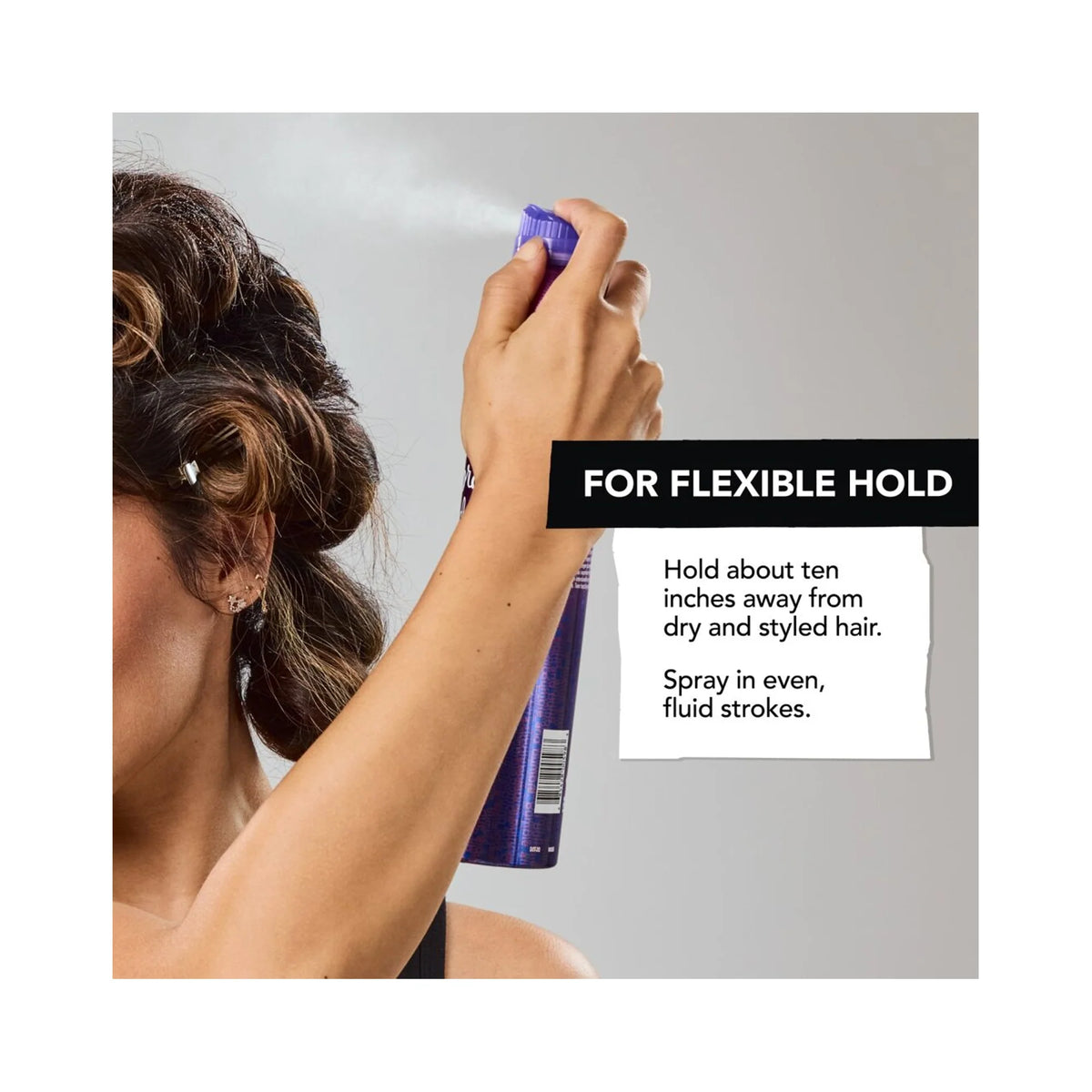 Bumble and bumble Spray de Mode application graphic: hold about 10 inches from dry, styled hair and spray in even, fluid strokes for flexible hold.