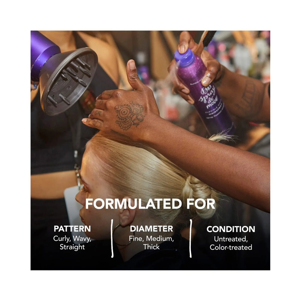 Stylist using Bumble and bumble Spray de Mode; graphic lists straight, wavy or curly hair, fine to thick strands, and untreated or color-treated hair.