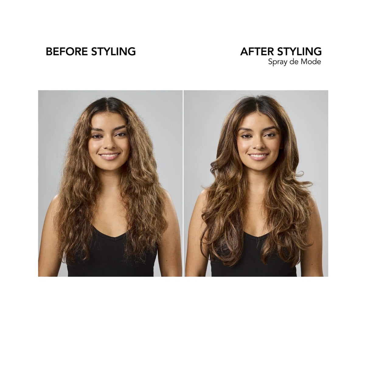 Before-and-after styling comparison with Bumble and bumble Spray de Mode, showing long brown hair styled into smooth, loose waves.