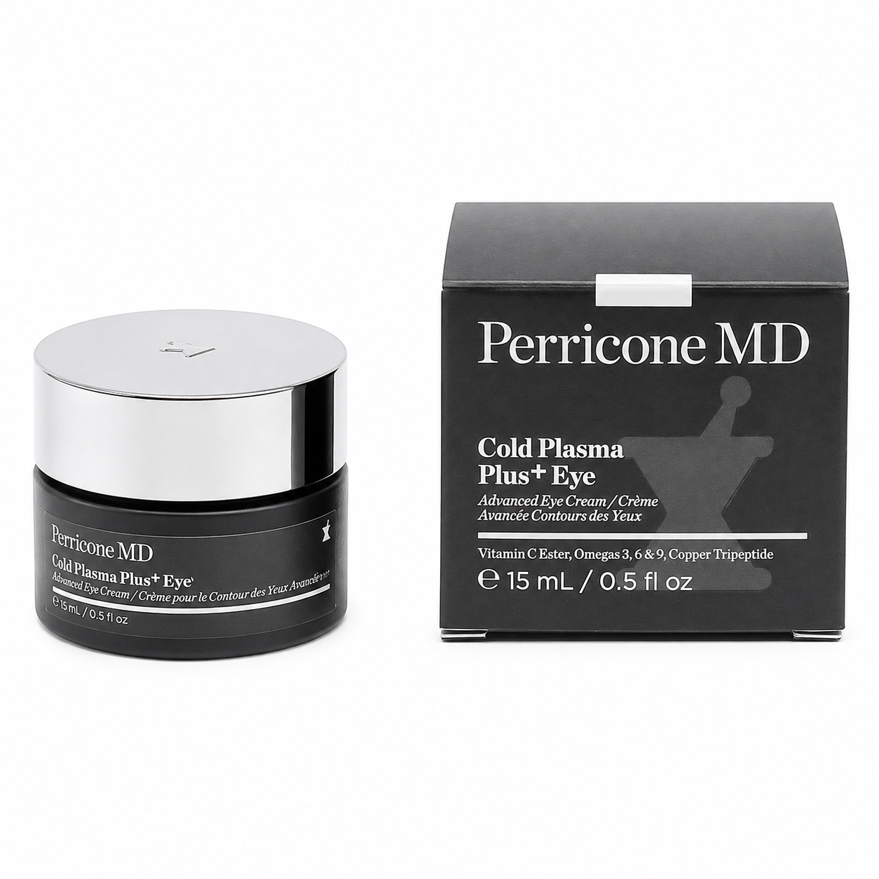 Perricone MD Cold Plasma Plus+ Advanced Eye Cream black jar and retail box, front view