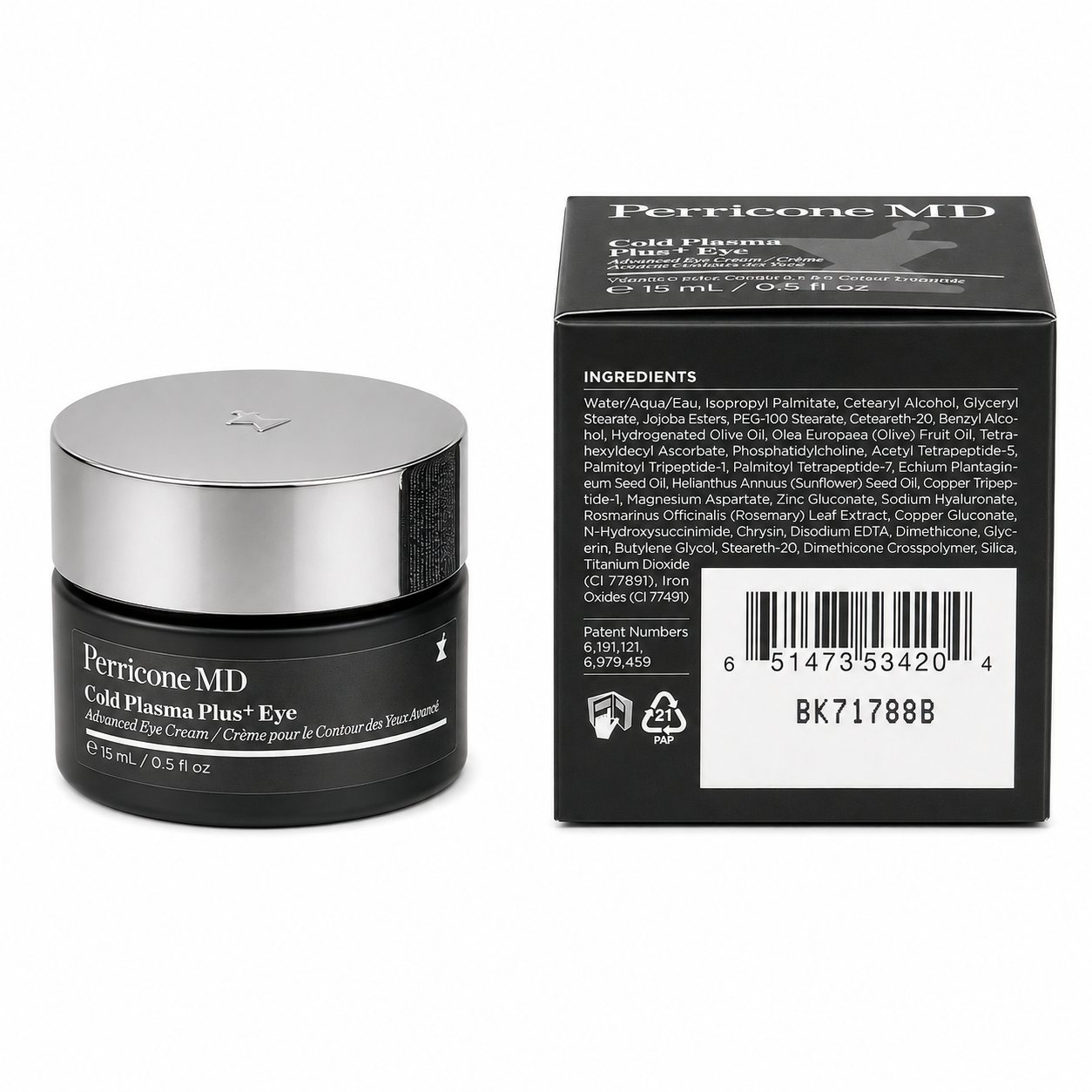 Perricone MD Cold Plasma Plus+ Advanced Eye Cream jar beside retail box showing ingredients, UPC, and batch code