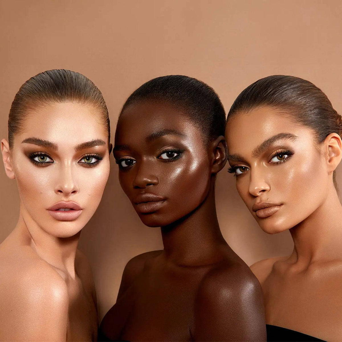 Three models showing luminous cheek and shoulder finishes in Natasha Denona Face Glow imagery
