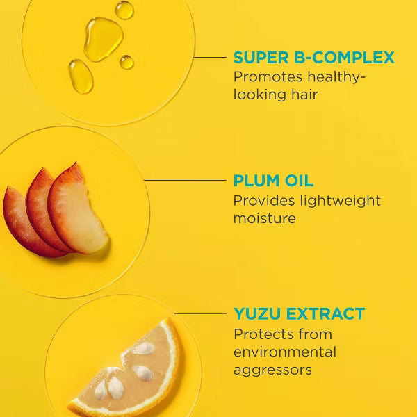 Briogeo Soft Power Air Dry Cream ingredient graphic highlighting Super B-Complex, plum oil for lightweight moisture, and yuzu extract.