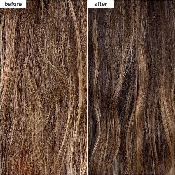 Before-and-after comparison for Briogeo Soft Power Air Dry Cream showing brown hair with fewer visible flyaways after styling.