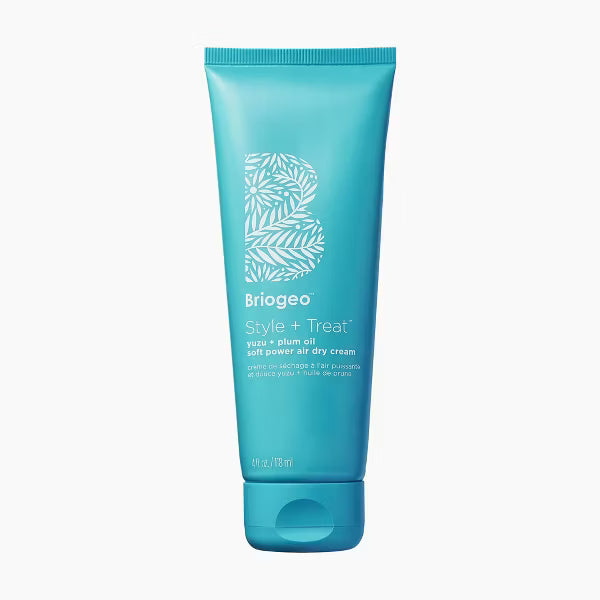 Briogeo Style + Treat Yuzu + Plum Oil Soft Power Air Dry Cream, 4 fl oz turquoise tube, front view.