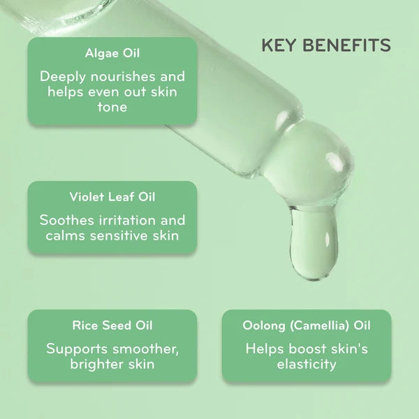 purlisse Glow Revival ingredient card featuring algae, violet leaf, rice and camellia oils