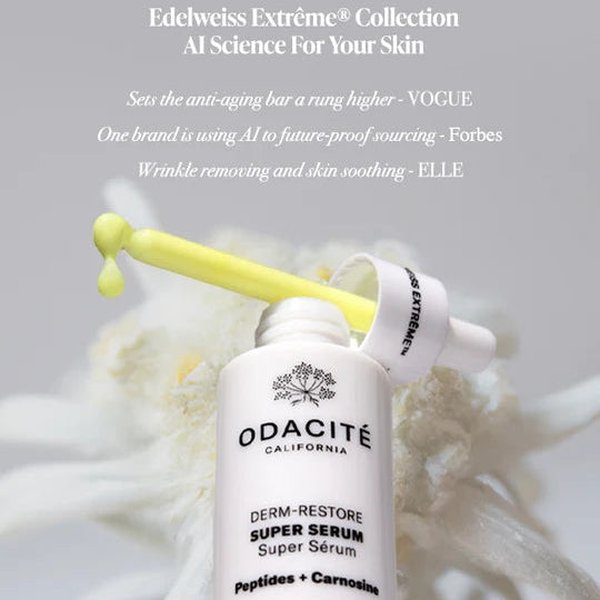 Odacité Derm-Restore serum and yellow-green dropper beside press quotations