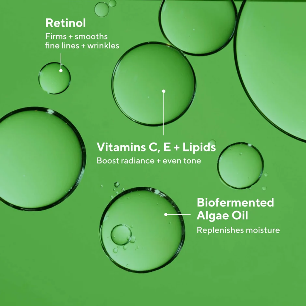 Murad Retinol Oil Drops ingredient benefits with retinol, vitamins C and E, lipids and biofermented algae oil