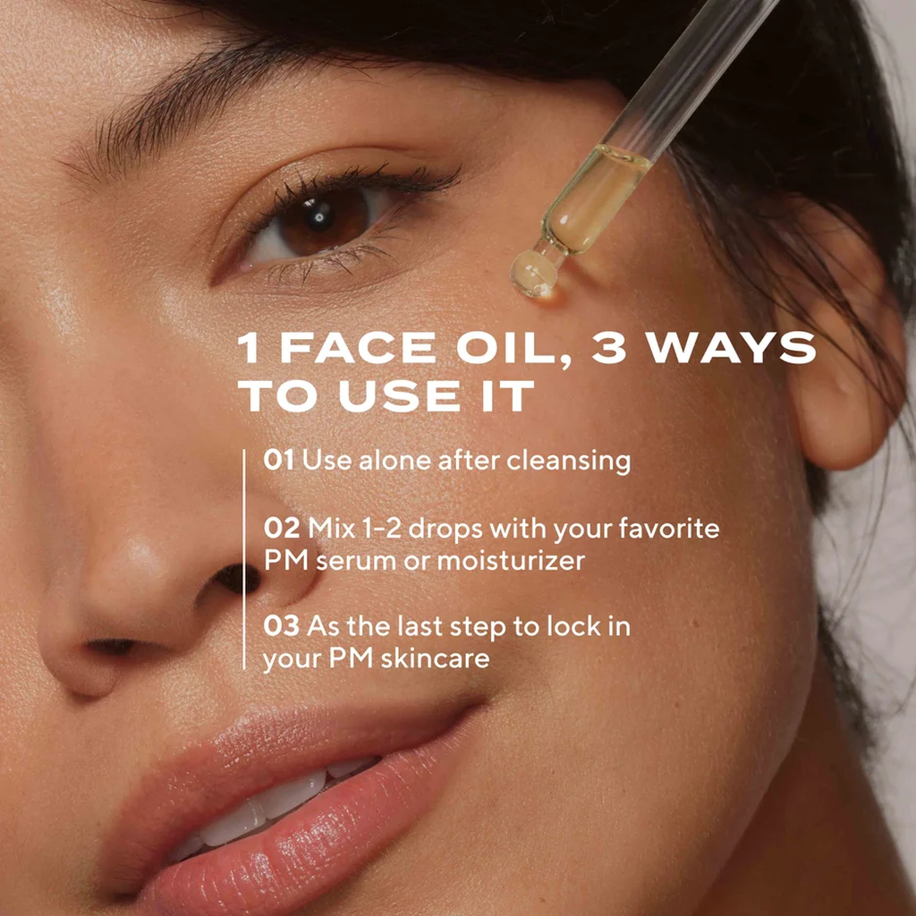 Model applying Murad Retinol Youth Renewal Face Oil with three nighttime use methods