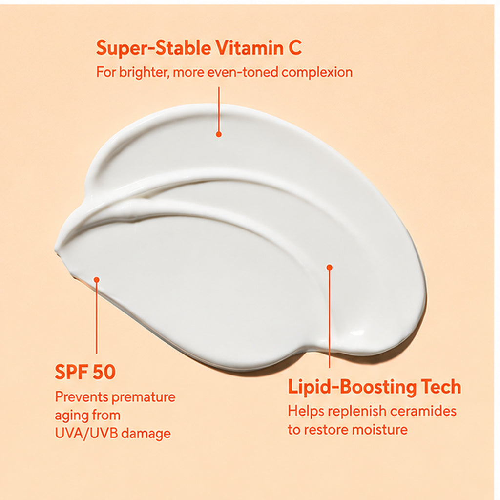 Murad Superactive Moisturizer SPF 50 cream texture with vitamin C, SPF 50, and lipid-boosting technology callouts