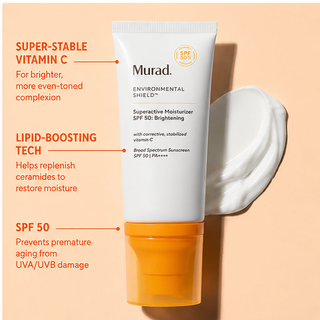 Murad Superactive Moisturizer SPF 50 ingredient and broad-spectrum protection benefit graphic