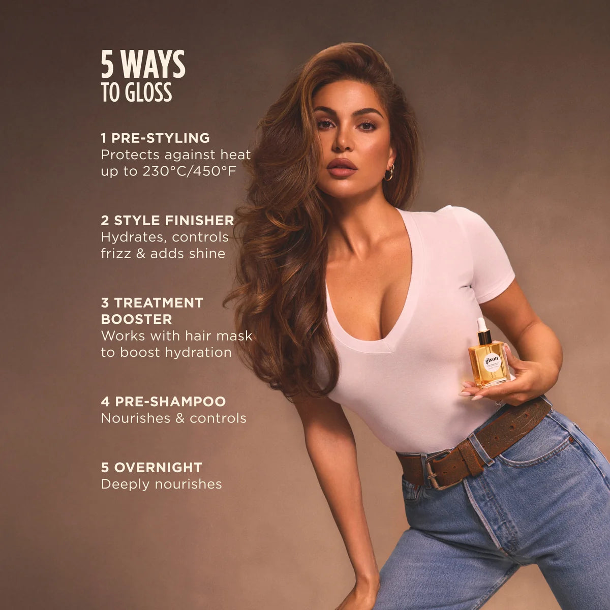 Gisou five hair-oil uses graphic with model